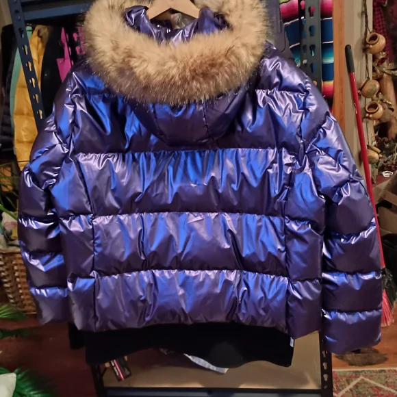 Shiny Purple Puffer Jacket with Fur Hood - Picture 8 of 8